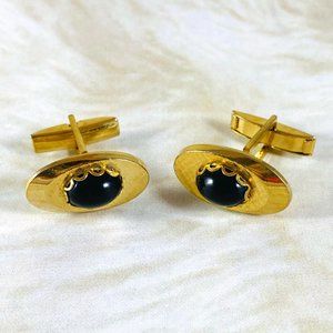 Vintage atomic set of gold-tone cufflinks onyx? cabochons with scalloped bezels